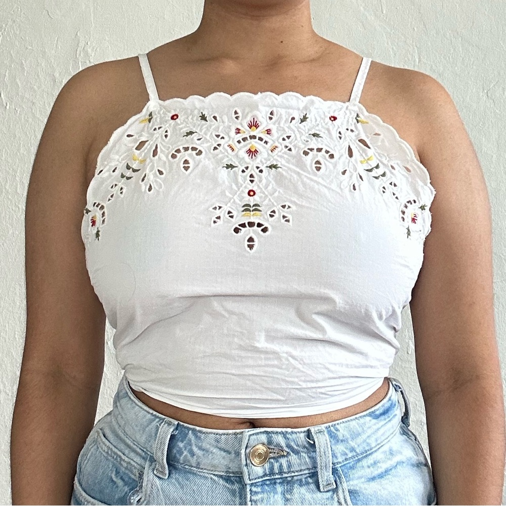 Zara White Floral Top with Criss Cross Back Tie - Small